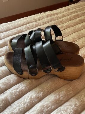 Free People Black Leather Multi-Strap Wooden Platform Clogs
